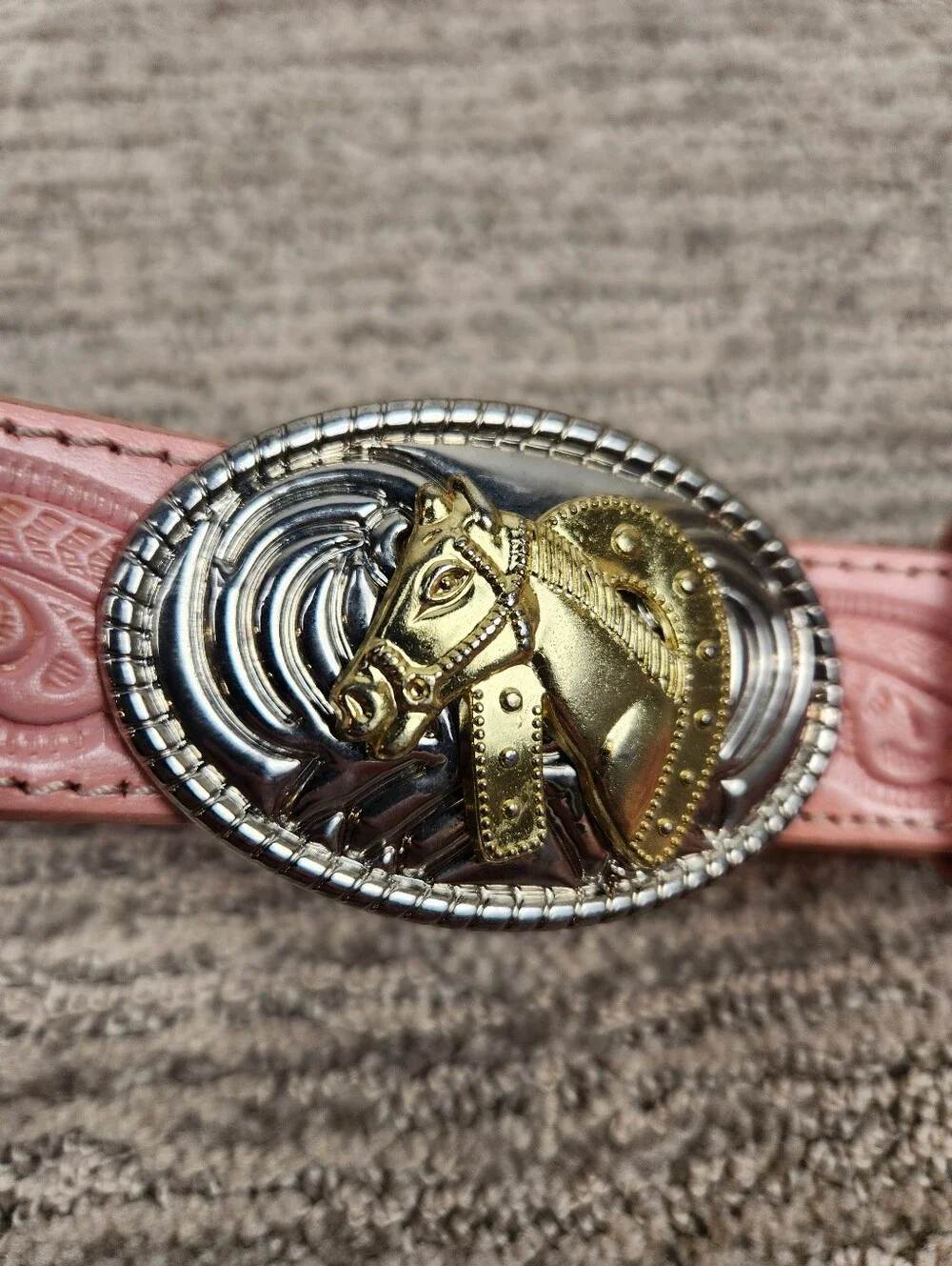 Nocona Pink Leather Belt Girls 24 Western Gold & Silver Horse Buckle Equestrian